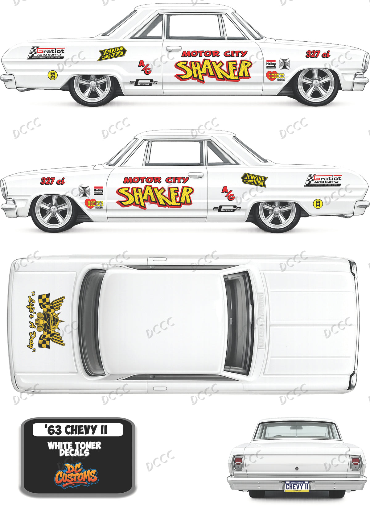 63 CHEVY II (WHITE TONER) DECALS MOTOR CITY SHAKER