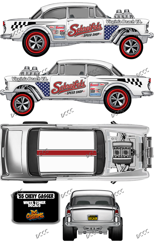 55 CHEVY GASSER (WHITE TONER) DECALS SCHREIFELS SPEED SHOP
