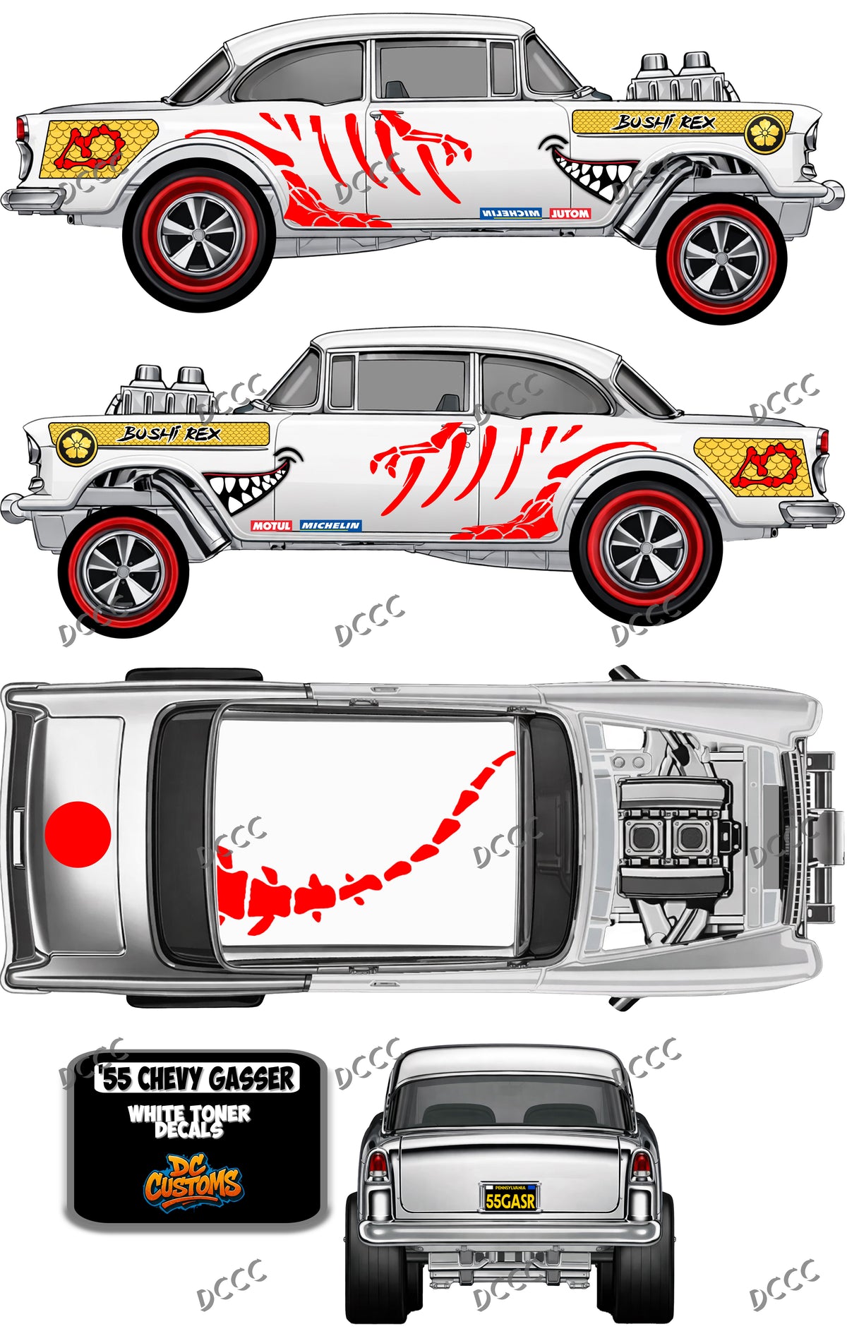55 CHEVY GASSER (WHITE TONER) DECALS BUSHI REX