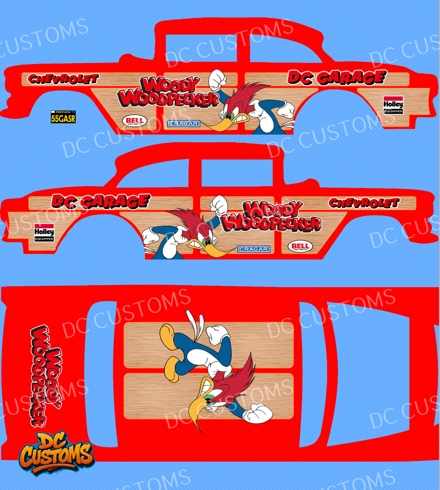 55 CHEVY GASSER (WHITE TONER) DECALS WOODY WOODPECKER
