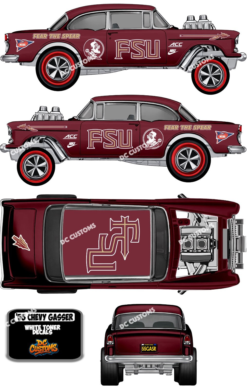 55 CHEVY GASSER (WHITE TONER) DECALS FSU