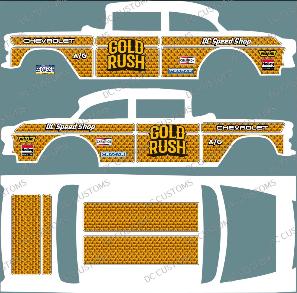 55 CHEVY GASSER (WHITE TONER) DECALS GOLD RUSH