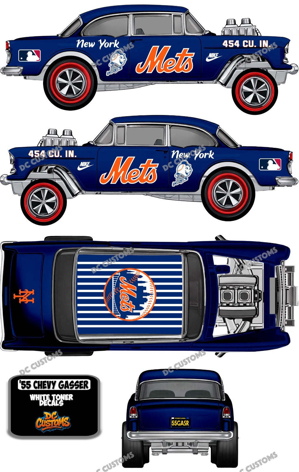 55 CHEVY GASSER (WHITE TONER) DECALS NY METS