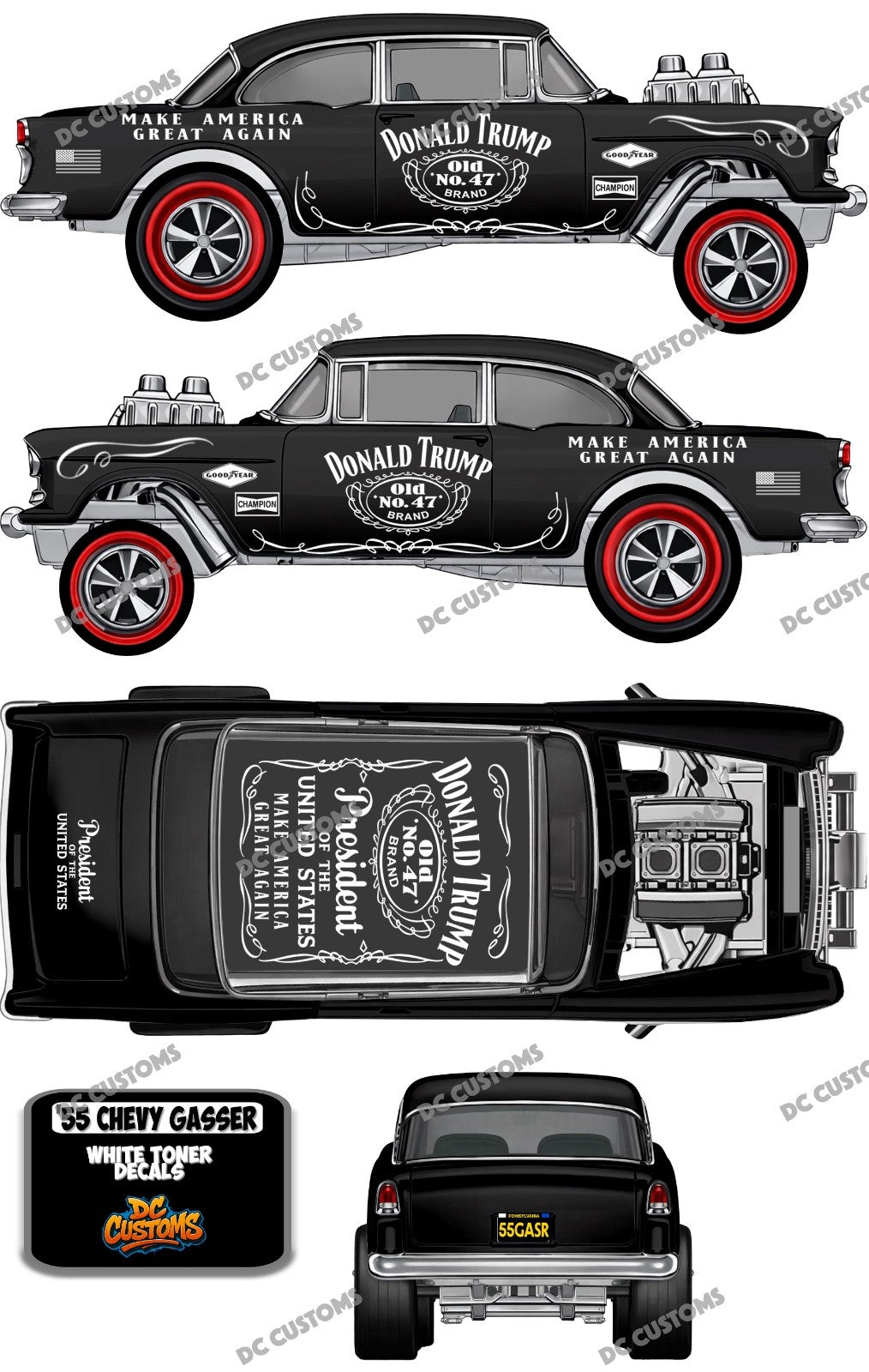 55 CHEVY GASSER (WHITE TONER) DECALS NO 47 PRESIDENT