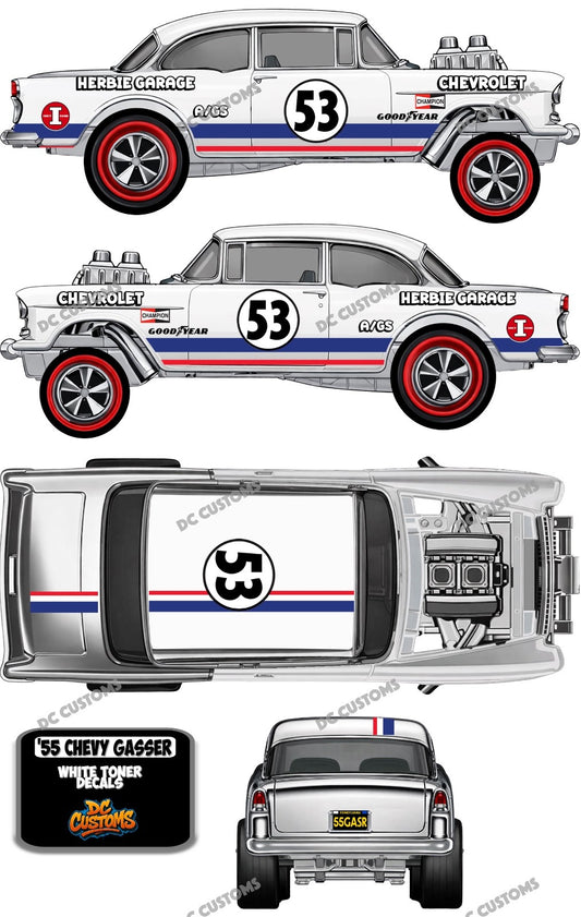 55 CHEVY GASSER (WHITE TONER) DECALS HERBIE 53