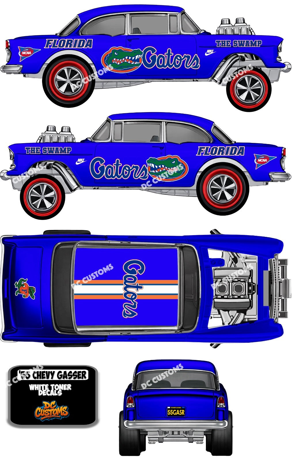 55 CHEVY GASSER (WHITE TONER) DECALS FLORIDA GATORS