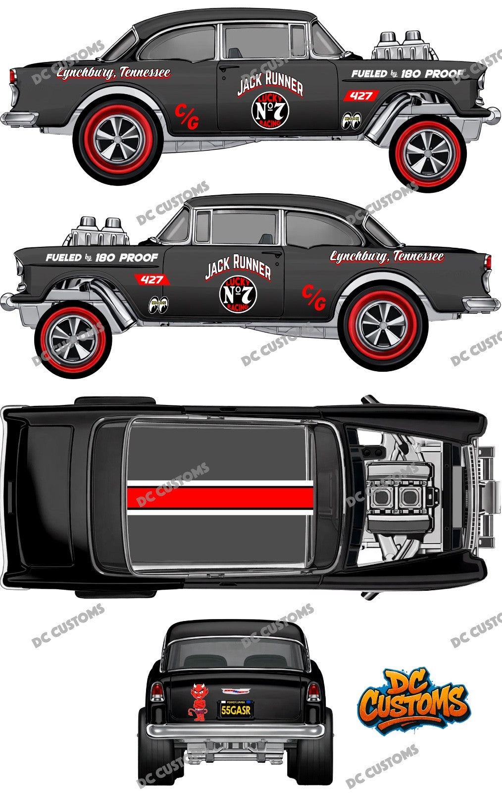 55 CHEVY GASSER (WHITE TONER) DECALS JACK RUNNER