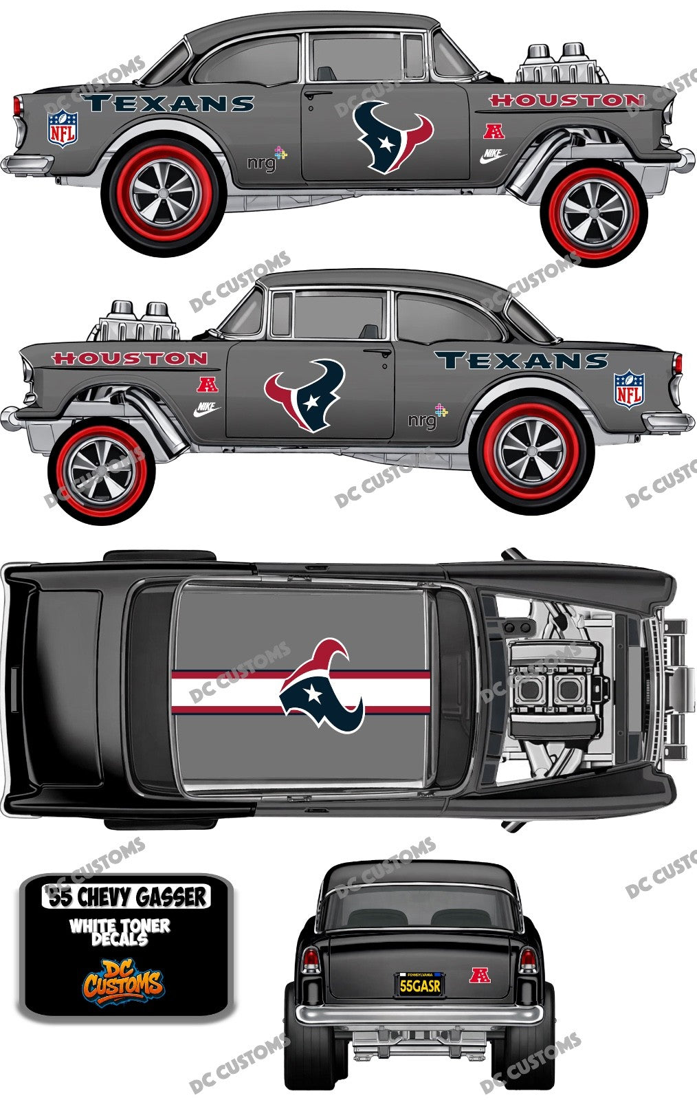 55 CHEVY GASSER (WHITE TONER) DECALS TEXANS