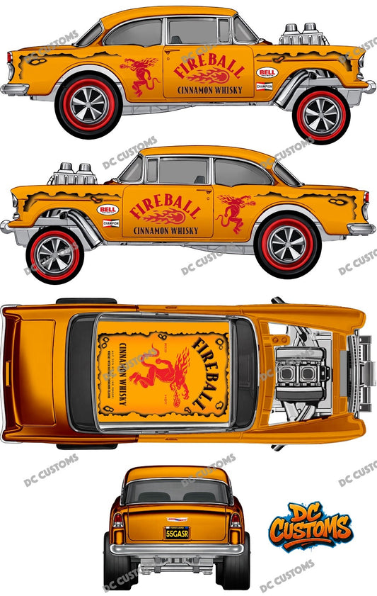55 CHEVY GASSER (WHITE TONER) DECALS FIREBALL