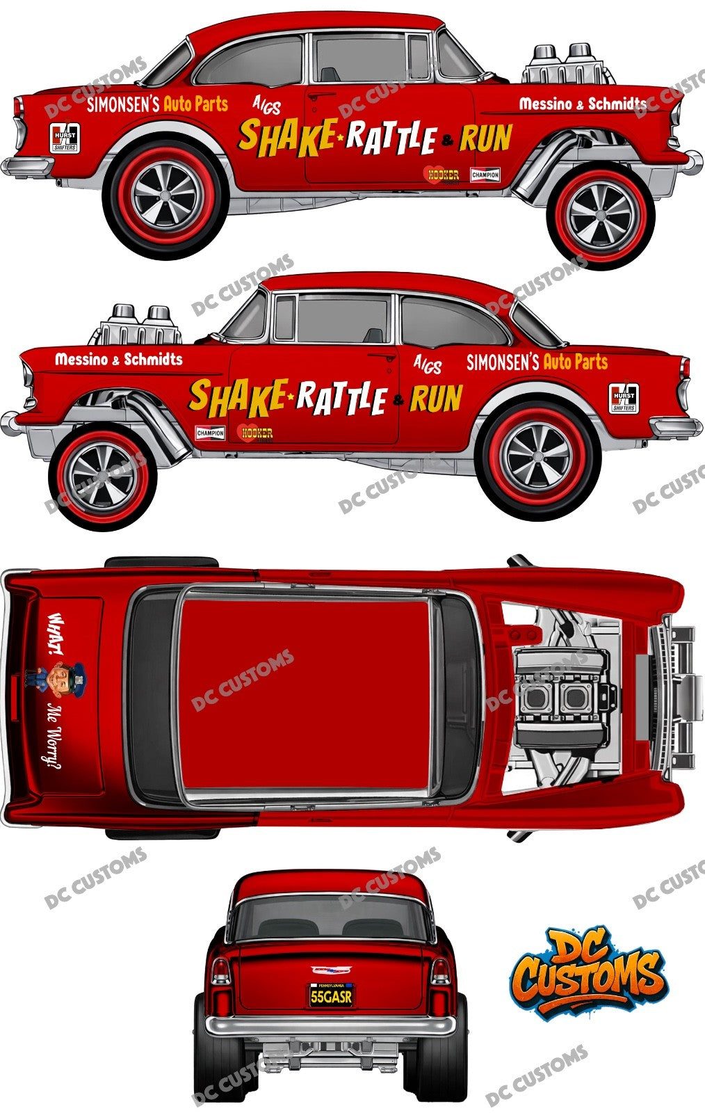 55 CHEVY GASSER (WHITE TONER) DECALS SHAKE RATTLE RUN