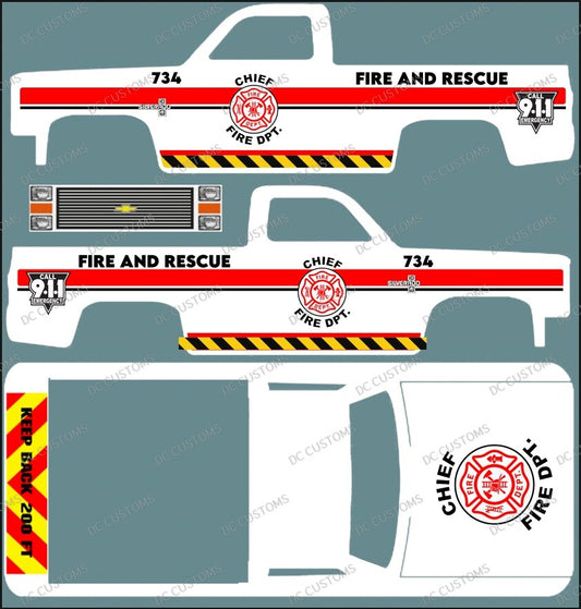 83 CHEVY SILVERADO (WHITE TONER) DECALS FIRE DEPARTMENT