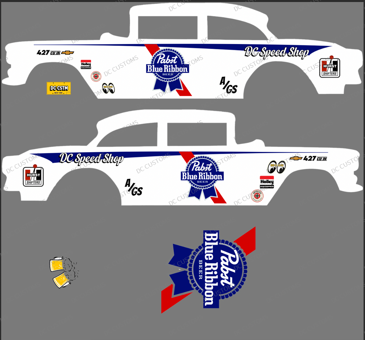 55 CHEVY GASSER (WHITE TONER) DECALS PBR