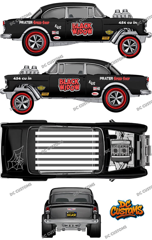 55 CHEVY GASSER (WHITE TONER) DECALS BLACK WIDOW