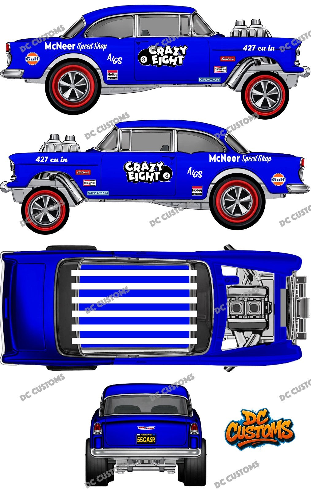 55 CHEVY GASSER (WHITE TONER) DECALS CRAZY EIGHT