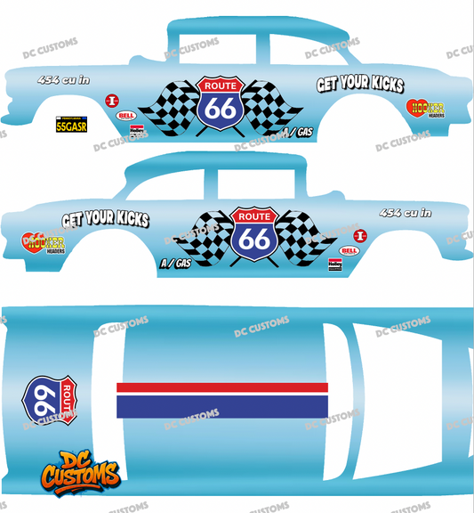55 CHEVY GASSER (WHITE TONER) DECALS ROUTE 66