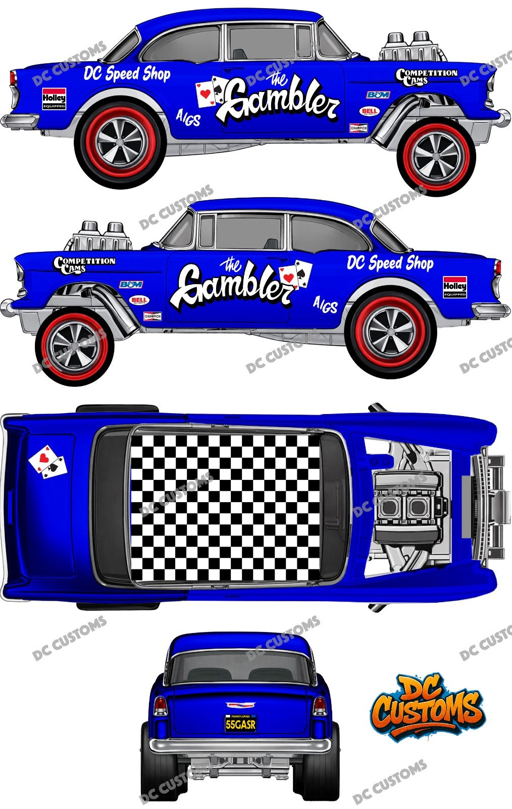 55 CHEVY GASSER (WHITE TONER) DECALS THE GAMBLER