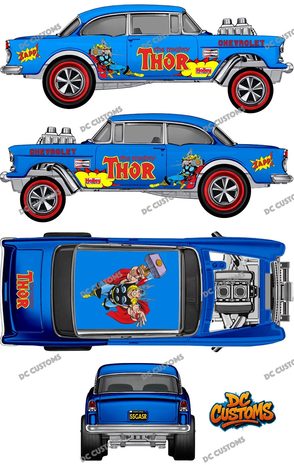 55 CHEVY GASSER (WHITE TONER) DECALS THOR