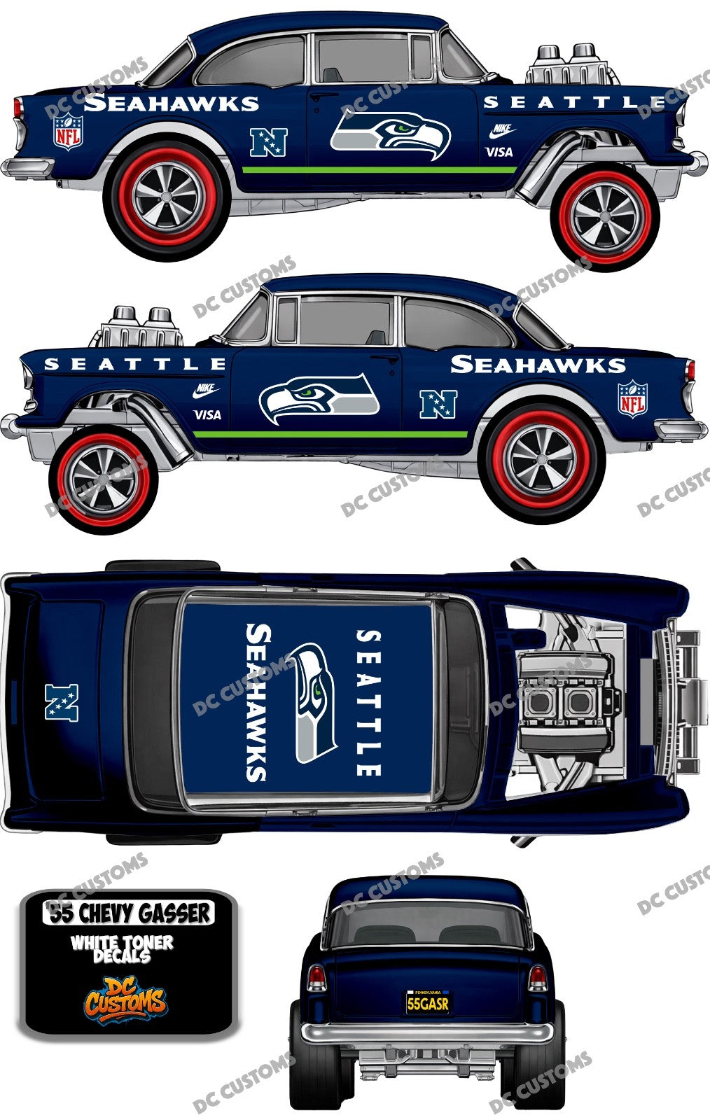55 CHEVY GASSER (WHITE TONER) DECALS SEAHAWKS