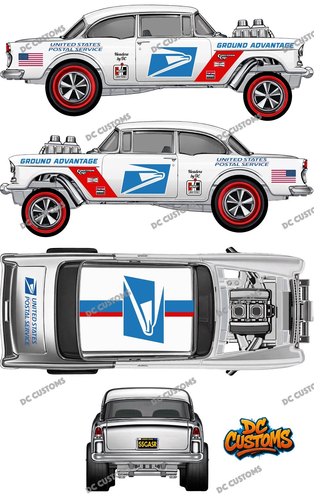 55 CHEVY GASSER (WHITE TONER) DECALS USPS
