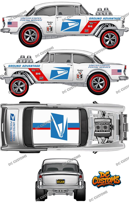 55 CHEVY GASSER (WHITE TONER) DECALS USPS