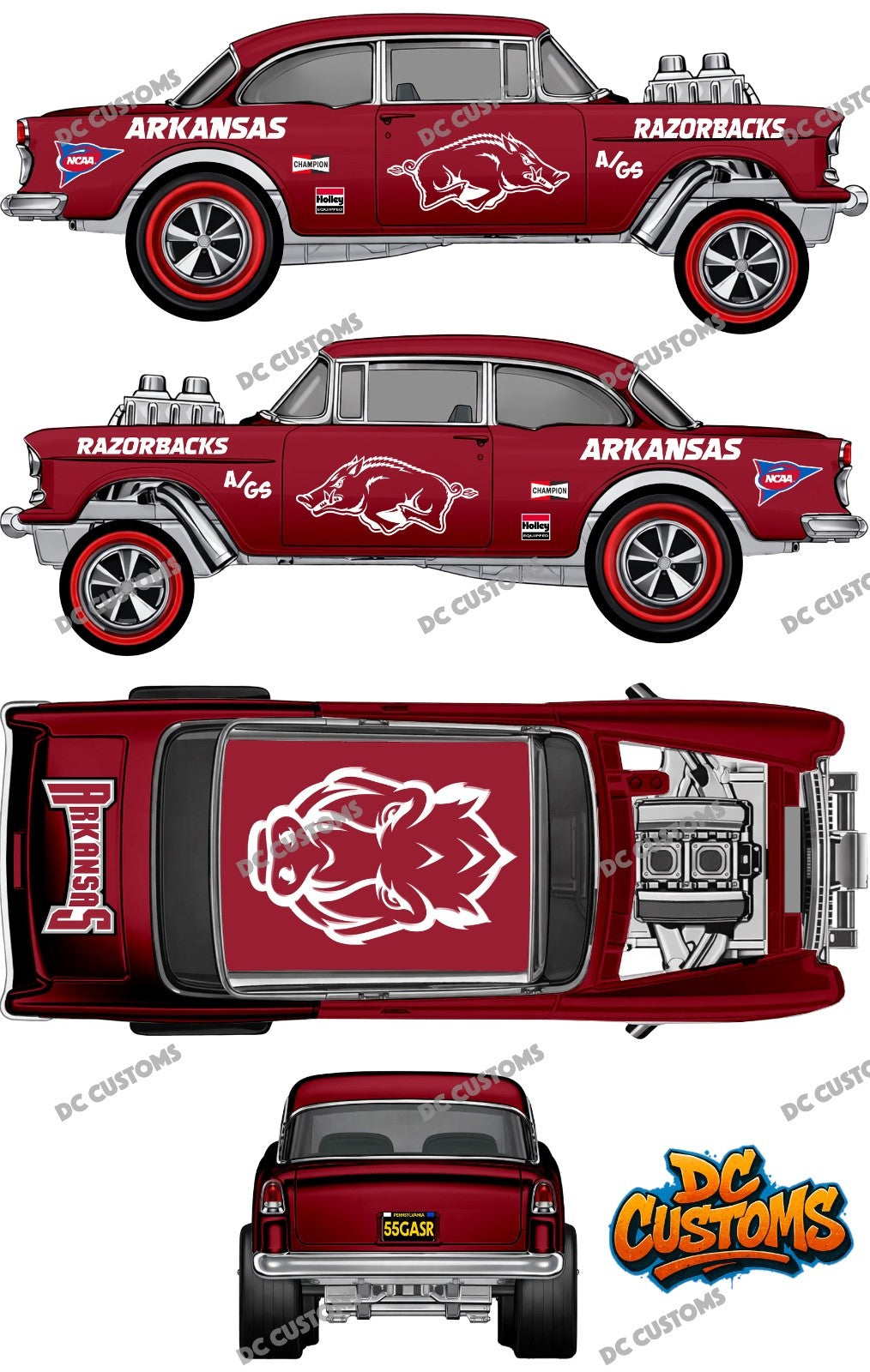 55 CHEVY GASSER (WHITE TONER) DECALS ARKANSAS RAZ0RBACKS