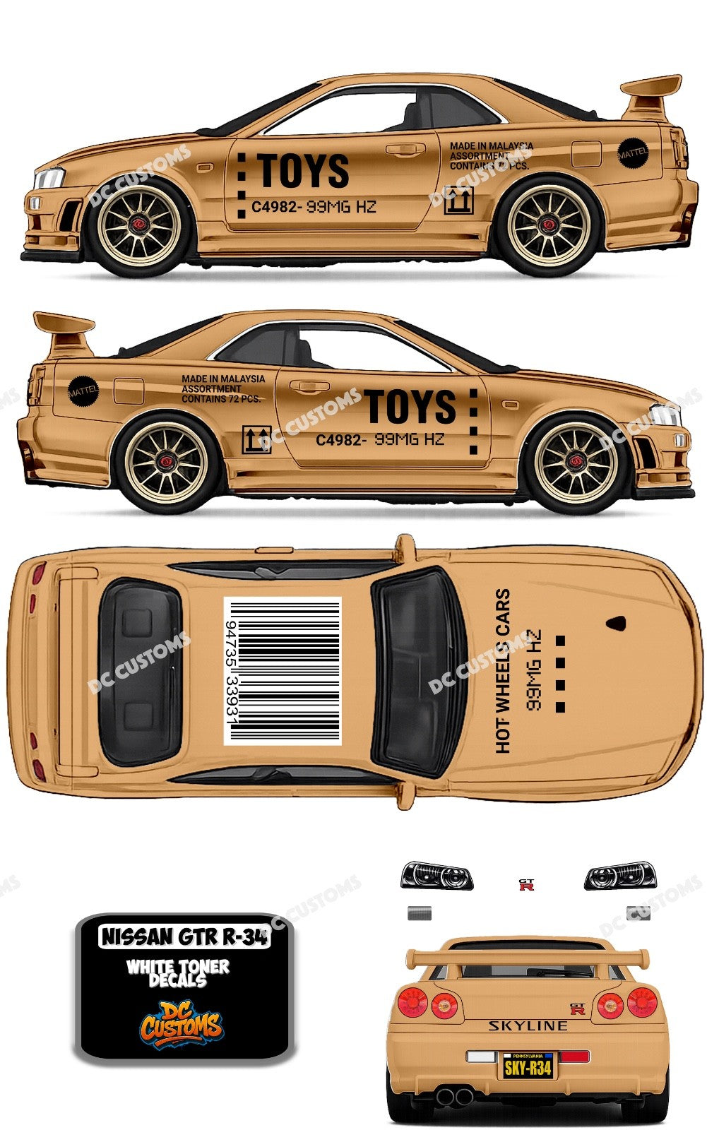 NISSAN SKYLINE GT-R R34 (WHITE TONER DECALS) CASE THEME