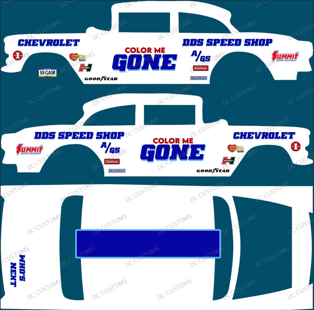 55 CHEVY GASSER (WHITE TONER) DECALS COLOR ME GONE