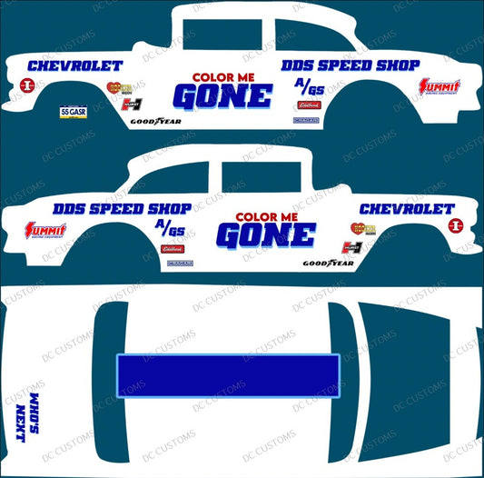 55 CHEVY GASSER (WHITE TONER) DECALS COLOR ME GONE