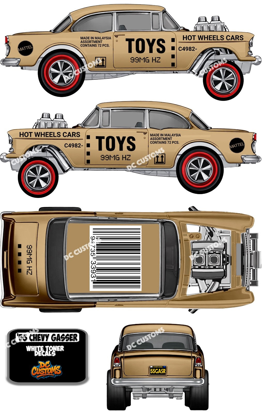 55 CHEVY GASSER (WHITE TONER) DECALS CASE