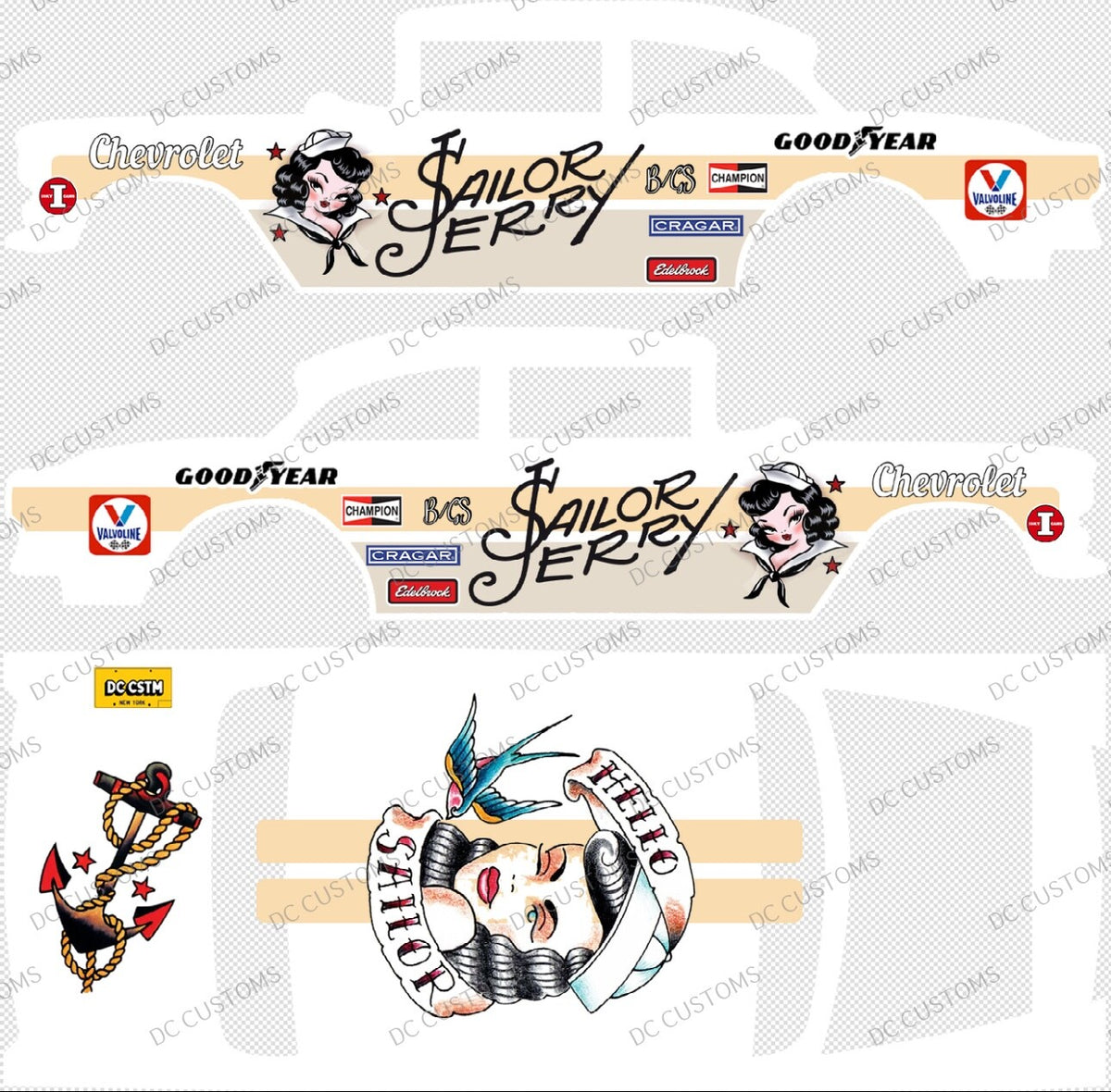 55 CHEVY GASSER (WHITE TONER) DECALS SAILOR JERRY