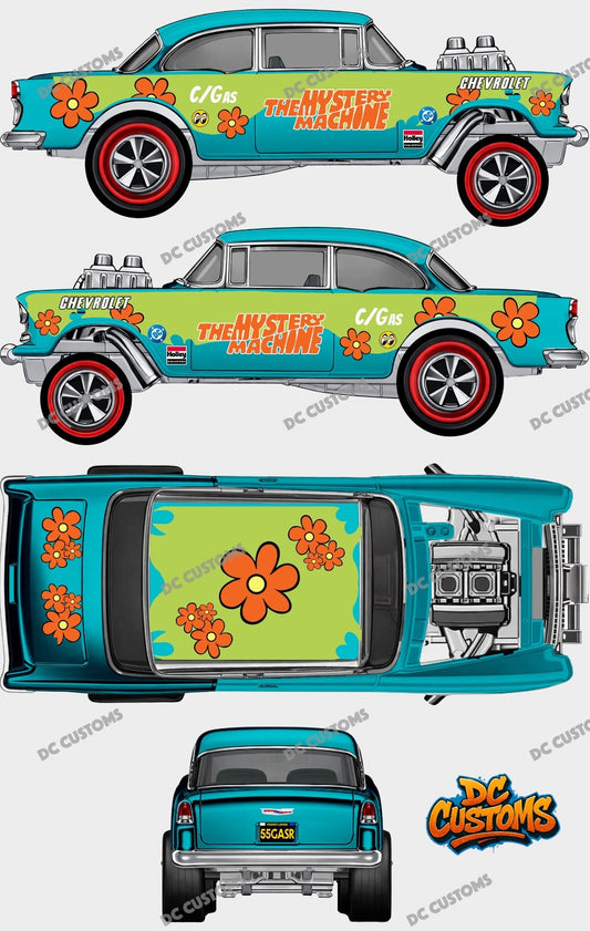 55 CHEVY GASSER (WHITE TONER) DECALS MYSTERY MACHINE