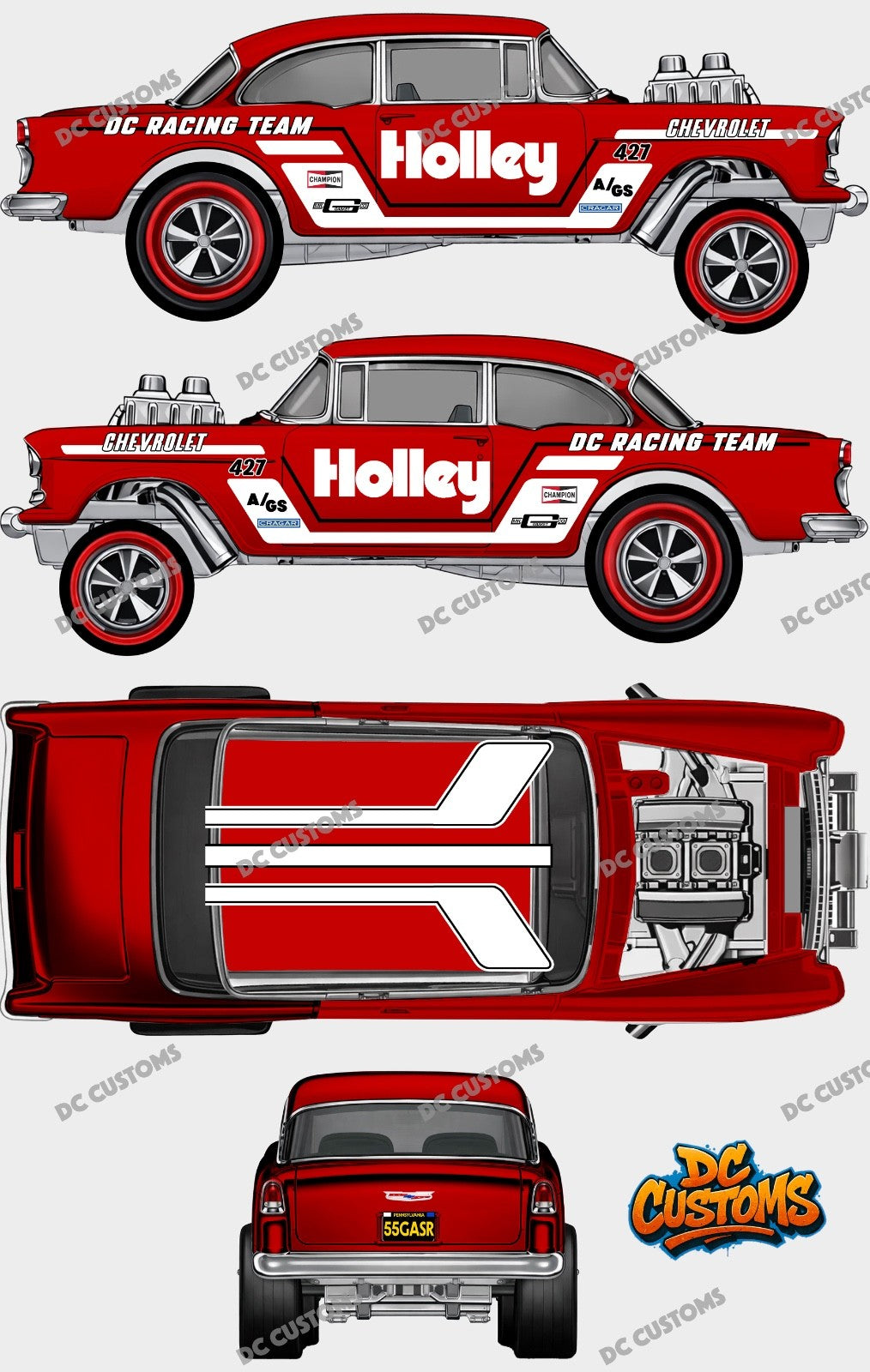 55 CHEVY GASSER (WHITE TONER) DECALS HOLLEY