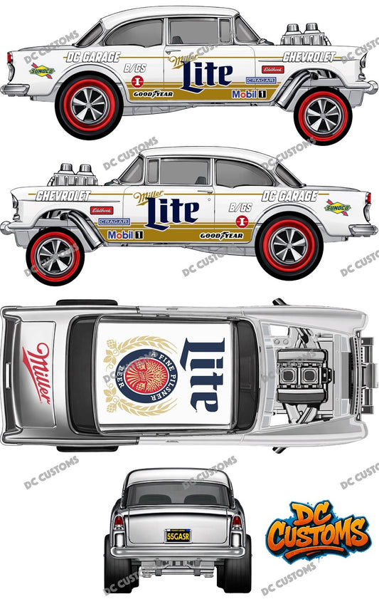 55 CHEVY GASSER (WHITE TONER) DECALS MILLER LITE
