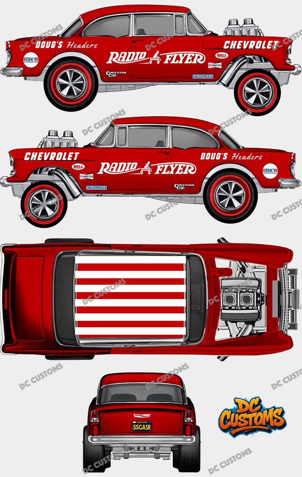 55 CHEVY GASSER (WHITE TONER) DECALS RADIO FLYER