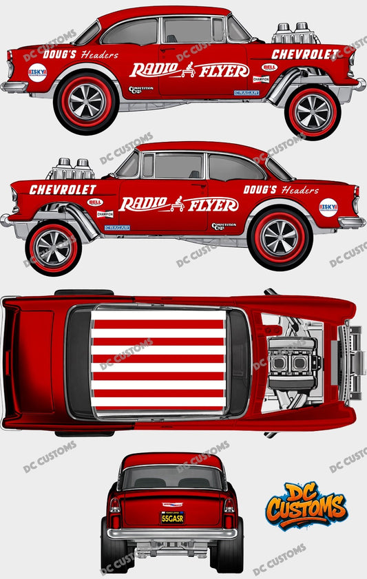 55 CHEVY GASSER (WHITE TONER) DECALS RADIO FLYER
