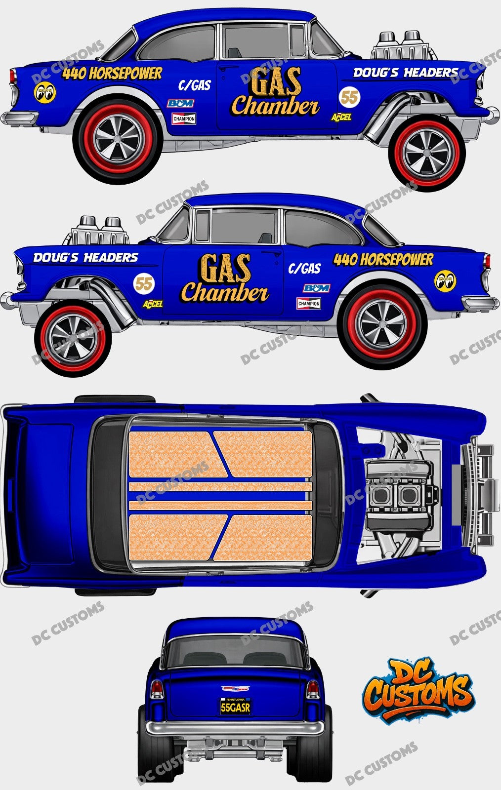 55 CHEVY GASSER (WHITE TONER) DECALS GAS CHAMBER