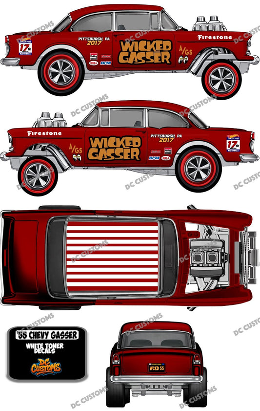 55 CHEVY GASSER (WHITE TONER) DECALS WICKED GASSER